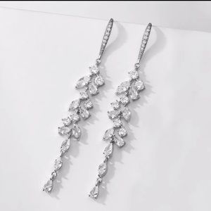 Cubic Zirconia Crystal Long Leaf Shaped Dangle Earrings
